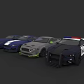 Blue Gray and Black Sports Cars Including Police Vehicle With Stripes and Lights