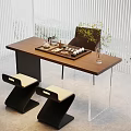 Modern Tea Table And Chairs With Wooden Top Transparent Legs Black Frames Beige Cushions