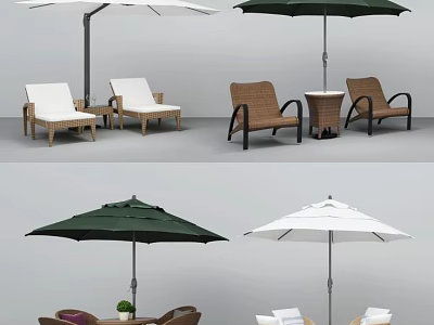 Outdoor Table Set With Umbrella And Chairs In White Green Wicker Wooden Styles 3d model