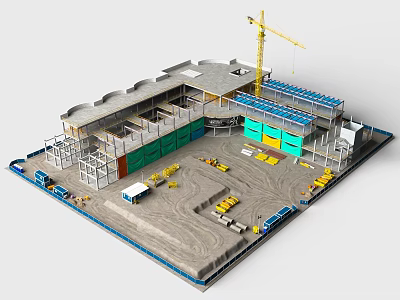 Building Construction Site With Crane Scaffolding Green Yellow Containers And Vehicles 3d model
