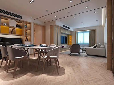 Modern Living Room Interior With Stylish TV Stand And Wooden Storage Cabinets 3d model