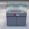 Modern Glass Covered Display Case Featuring Gray Cabinet Red Logo And Items
