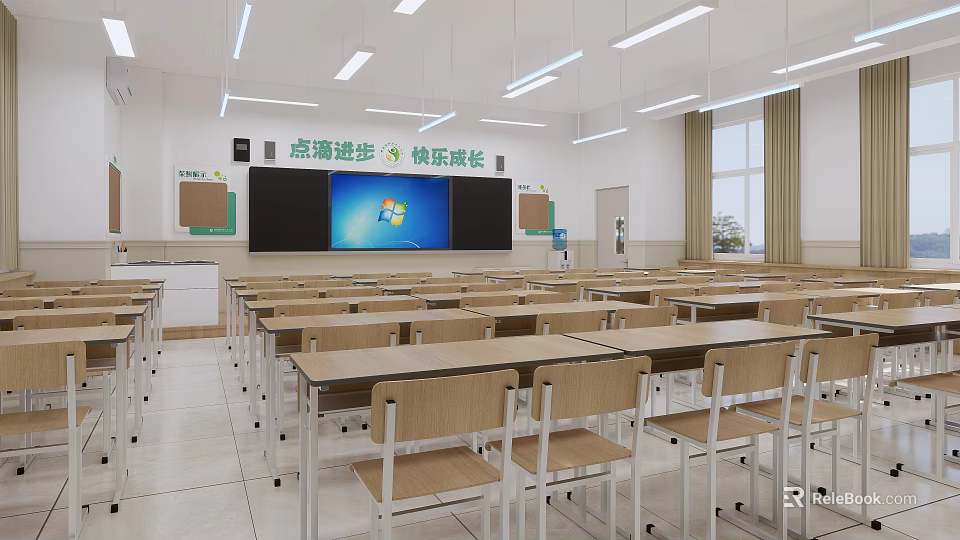 Spacious School Classroom Interior with Wooden Desks Chairs Smart Board and Ceiling Lighting 3d model 