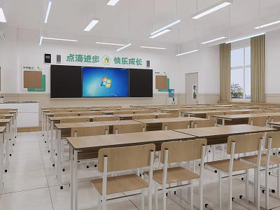 Spacious School Classroom Interior with Wooden Desks Chairs Smart Board and Ceiling Lighting 3d model