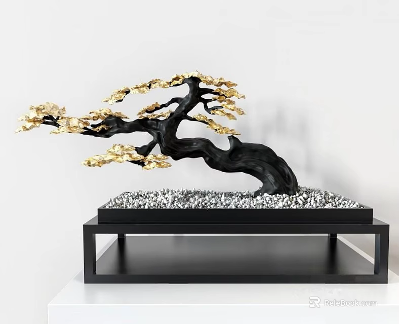 Artistic Bonsai Plant With Black Trunk Golden Leaves And White Pebbles On Black Stand 3d model 
