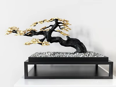 Artistic Bonsai Plant With Black Trunk Golden Leaves And White Pebbles On Black Stand 3d model