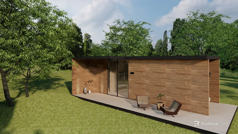 Detached Villa With Wooden Exterior Large Glass Doors Outdoor Terrace And Green Lawn 3d model 