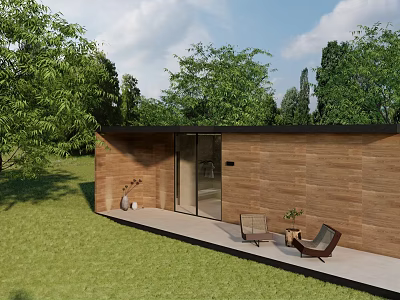 Detached Villa With Wooden Exterior Large Glass Doors Outdoor Terrace And Green Lawn 3d model