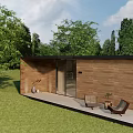 Detached Villa With Wooden Exterior Large Glass Doors Outdoor Terrace And Green Lawn