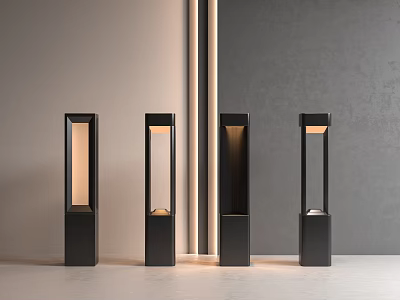 Four Modern Black Column Outdoor Lights with Illuminated Glow Design 3d model