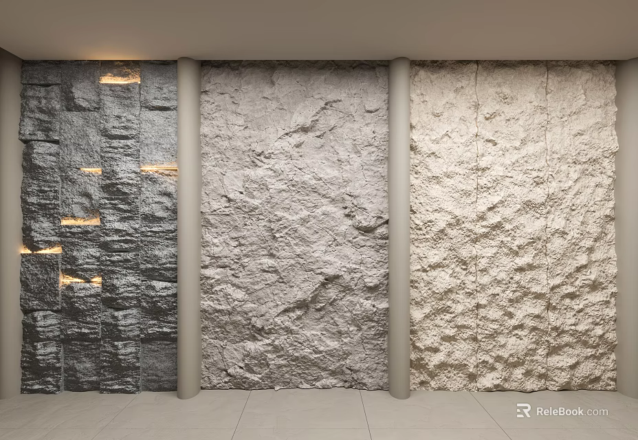 Textured Background Wall Design Featuring Three Different Panels And Built In Lighting 3d model 