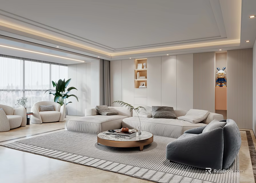 Modern Living Room With Spacious Sofas Round Coffee Table And Plants 3d model