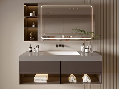 Modern Bathroom Vanity Cabinet With Backlit Mirror Stone Countertop Storage Drawers And Towels 3d model