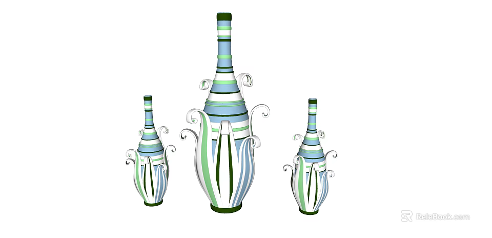 Elegant Three Vases With Blue Green Stripes And White Curved Decorations For Floral 3d model 