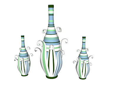 Elegant Three Vases With Blue Green Stripes And White Curved Decorations For Floral 3d model