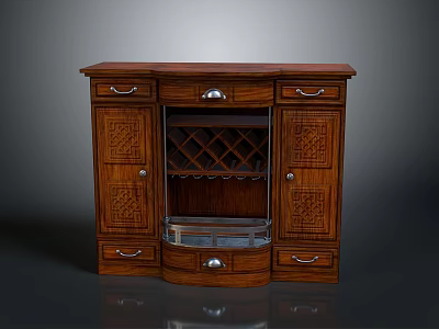 Entryway Sideboard Cabinet with Carved Wooden Details Wine Rack Drawers And Storage Doors 3d model