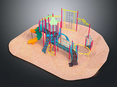 Colorful Children's Playground Structure With Slide Climbing Net Swing On Sand Surface 3d model