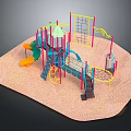 Colorful Children's Playground Structure With Slide Climbing Net Swing On Sand Surface