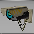 Outdoor Security Camera With Yellow Striped Housing And Green Lens Mounted On Wall