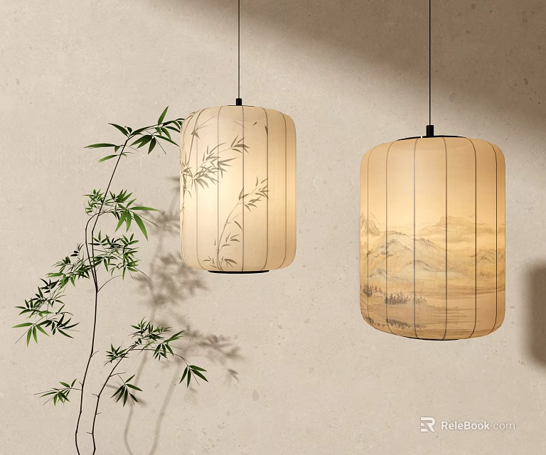 Oriental Style Pendant Lights with Bamboo and Landscape Painting on Beige Wall 3d model 