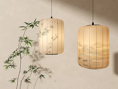 Oriental Style Pendant Lights with Bamboo and Landscape Painting on Beige Wall 3d model