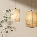 Oriental Style Pendant Lights with Bamboo and Landscape Painting on Beige Wall