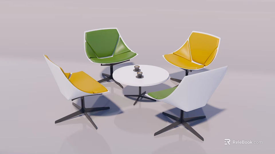 Modern Round Table and Chair Set with Green Yellow White Seats for Living Room 3d model 