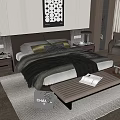 Double Bed With Leather Headboard Pillows And Blanket In Modern Bedroom With Nightstands And Wall Art