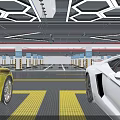 Luxury Car Dealership Showroom With Yellow And White Sports Cars And Glass Facade