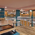 Modern Blue Store Exterior With Glass Doors Windows And Night Lighting