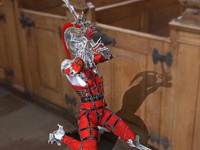 Woman in Red and Silver Armor Kneeling with Weapon Near Wooden Benches and Shadow Behind 3d model
