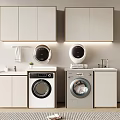 White Bathroom Cabinet With Washing Machine Dryer Towel Rack Green Plant And Faucet