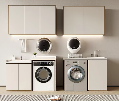 White Bathroom Cabinet With Washing Machine Dryer Towel Rack Green Plant And Faucet 3d model