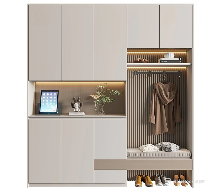 Modern Shoe Cabinet Design Featuring Storage Hanging Area Seating And LED Lighting 3d model