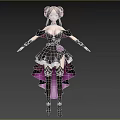 Woman With Pink Pigtails In Black Purple Dress Lace Flower Thigh High Boots Blue Background