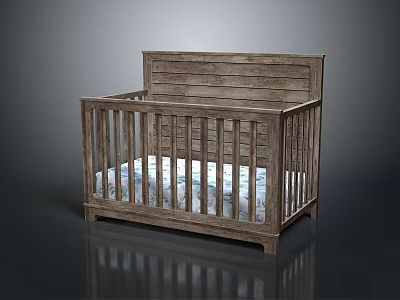 Natural Wooden Baby Crib With Paneled Headboard And Patterned Mattress Simple Design 3d model