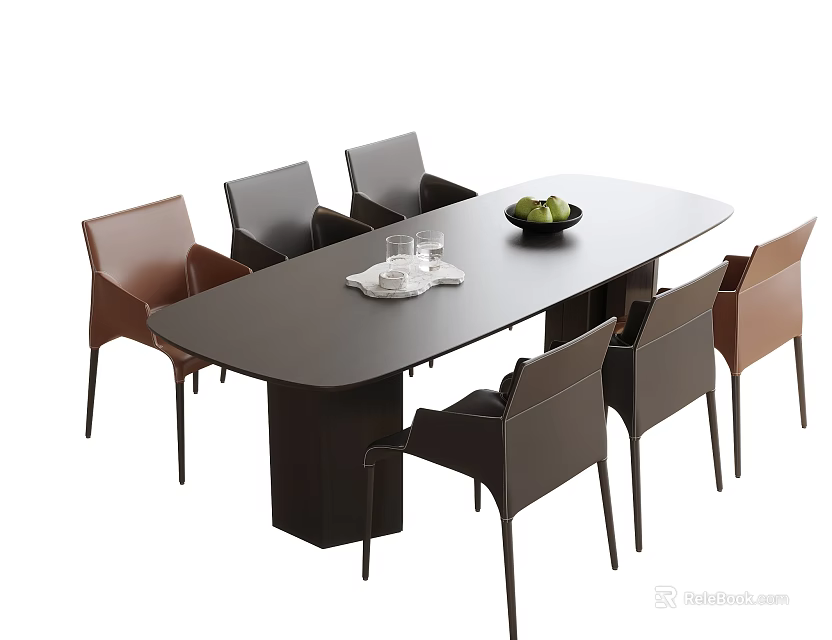 Modern Dining Table and Chairs Set Black Oval Top Brown Gray Chairs Fruit Bowl Glasses 3d model 