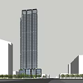 Modern High Rise Office Building With Low Rise Structures And Street Greenery