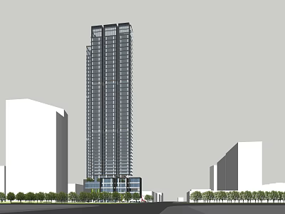 Modern High Rise Office Building With Low Rise Structures And Street Greenery 3d model
