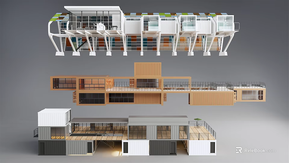 Modern Container Buildings With Multi Level Structure Glass Elements And Balconies 3d model