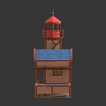 Cartoon Scene Featuring Charming Multi Story Wooden House With Red Lighthouse And Blue Roof