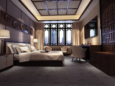 Chinese Style Hotel Guest Room With Bed Sofa Lattice Window And Decorative Paintings 3d model