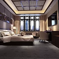 Chinese Style Hotel Guest Room With Bed Sofa Lattice Window And Decorative Paintings