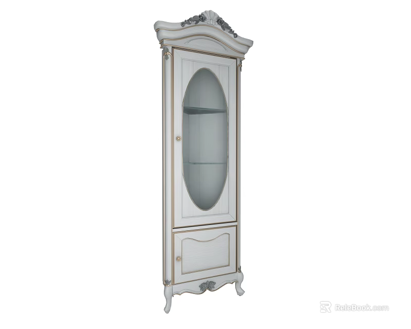 White Classic Decorative Cabinet With Oval Glass Door Carved Top And Bottom Drawer 3d model 