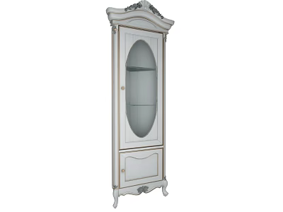 White Classic Decorative Cabinet With Oval Glass Door Carved Top And Bottom Drawer 3d model