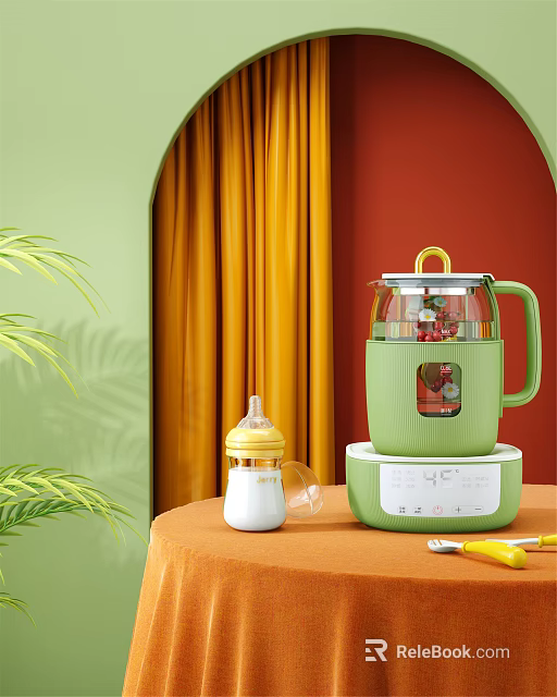 Green Electric Kettle With Digital Display On Round Table Near Baby Bottle And Green Plants 3d model 