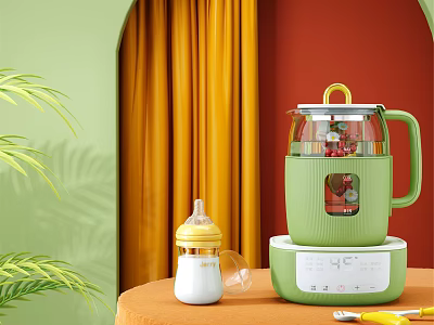Green Electric Kettle With Digital Display On Round Table Near Baby Bottle And Green Plants 3d model