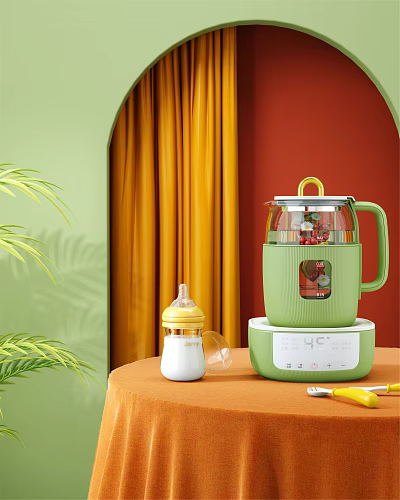 Green Electric Kettle With Digital Display On Round Table Near Baby Bottle And Green Plants 3d model