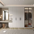 Modern Elegant Walk-in Closet With White Cabinetry Glass Doors Clothing Racks Mirror And Dressing Table