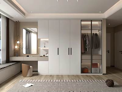 Modern Elegant Walk-in Closet With White Cabinetry Glass Doors Clothing Racks Mirror And Dressing Table 3d model